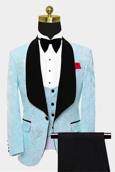 Chic Turquoise Damask Prints Tuxedo with Shawl Lapel | Three Pieces Prom Suits