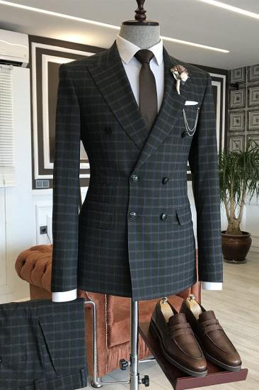 Dimitris Chic Black Plaid Double Breasted Slim Fit Business Suits For Men