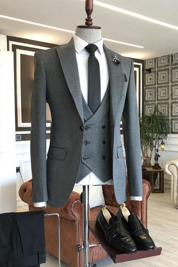 Happnessmall Stylish Dark Gray Small Plaid Peaked Lapel Business Suits For Men