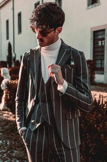 Christopher Gray Striped Three Pieces Peaked Lapel Men Suits Online