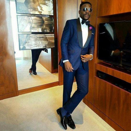 Advanced Navy Blue Fashion Customized Shawl Lapel Groom Wedding Suit_2