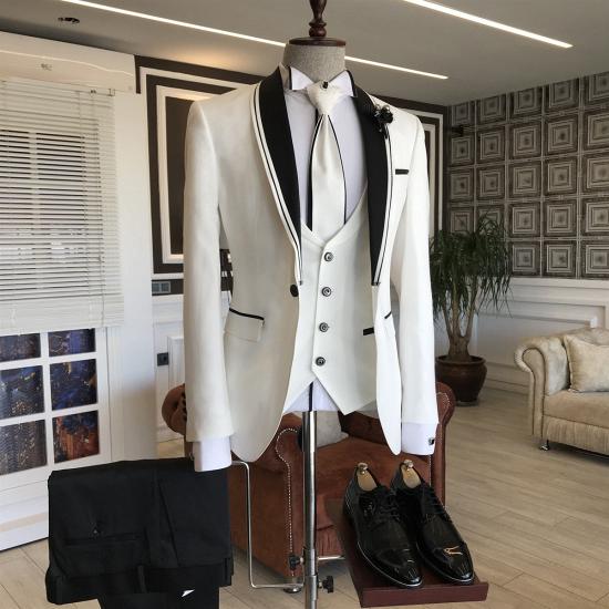 Dimitris White Slim Fit Tailored Wedding Men's Suits with Black Shawl Lapel_2