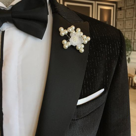 Classical Black Sparkle Stripes Peaked Lapel Men Suits | happnessmall_3