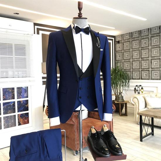 Best Fitted Royal Blue 3-pieces Black Peaked Lapel Business Men Suits | Happnessmall_2