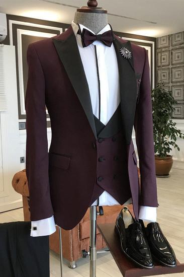 Atlas Burgundy 3-Pieces Black Peaked Lapel Double Breasted Men Suits_1