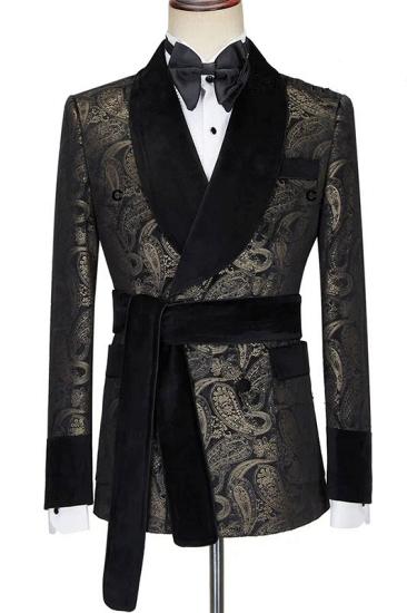 Black Double Breasted Shawl Lapel Jacquard Wedding Suits | Banquet Prom Suit With Belt