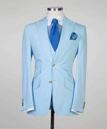 Stylish Sky Blue Three Pieces Peaked Lapel Slim Fit Men Suits_5