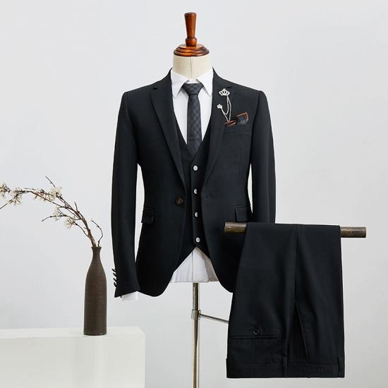Umberto Popular All Black 3 Pieces Notched Lapel Business Suit For Men_2