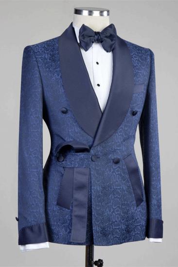 Fashion Dark Navy Slim Fit Double Breasted Men Suits for Wedding With Belt_2