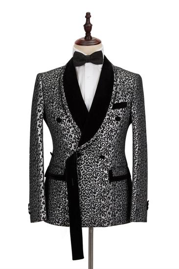 Stylish Black Stitching Silver Leopard Jacquard Men's Suit | Shawl Lapel Double Breasted Wedding Suit for Formal