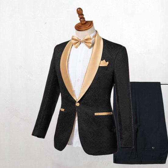Matthew Handsome Black One Button Slim Fit Wedding Men Suits with Gold Lapel_2