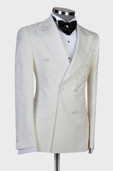 Glamorous White Jacquard Double Breasted Peaked Lapel Wedding Suit for Men_2