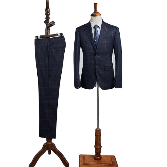 Samuel Advanced Navy Blue Plaid Notched Lapel 2 Button Slim Fit Business Suit_2