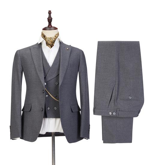 Classical Three Pieces Peaked Lapel Gray Business Men Suits_2