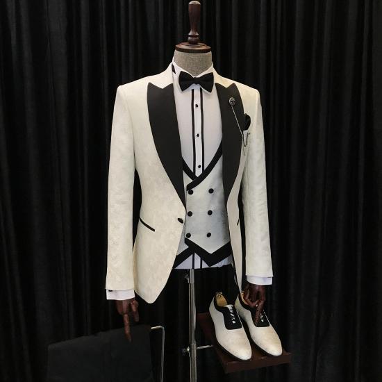 Latest Design White Jacquard Three Pieces Wedding Suits With Black Peaked Lapel | happnessmall_3
