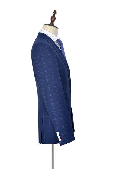 Happ Navy Blue Two Buttons Check Pattern Peak Lapel Business Suits for Men_4