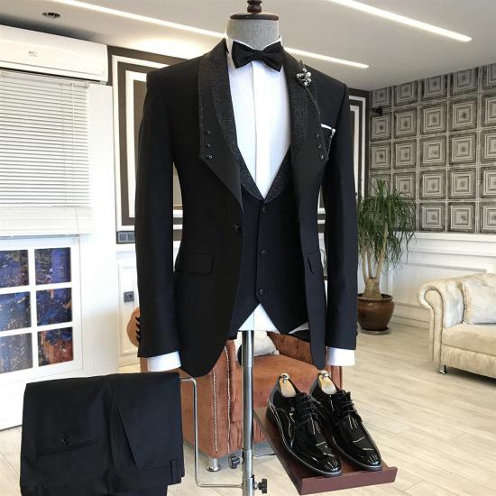 Pelagia Classic Black Shawl Lapel One Button 3-pieces Wedding Suits For Grooms_2