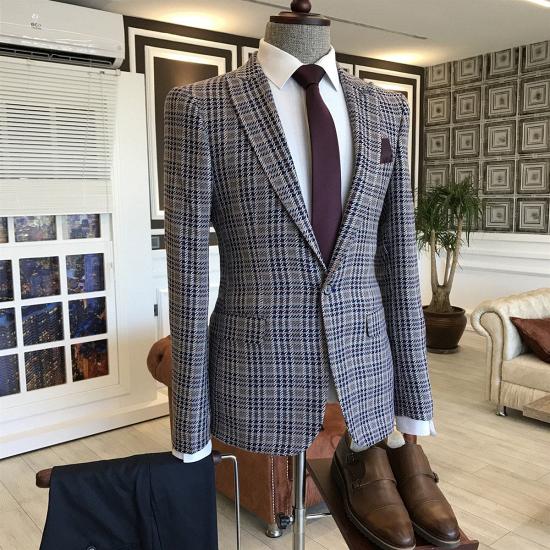 Modern Black Small Plaid Peaked Lapel Bespoke Sim Fit Men Suits_2