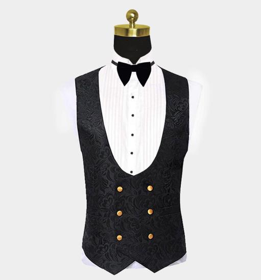 Gorgeous Black Jacquard Tuxedo with Gold Shawl Lapel | Three Pieces Men Suits_3