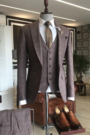 Michael Chic Burgundy Small Plaid 3-Pieces Slim Fit Business Suits For Men_1