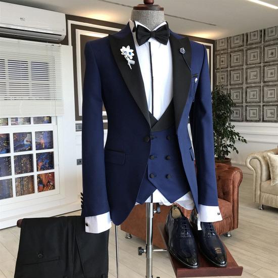Jaxon Newest Royal Blue 3-Pieces Black Peaked Lapel Double Breasted Men Suits_2