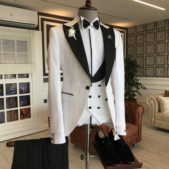 Axel Handsome White 3-Pieces Black Peaked Lapel Double Breasted Bespoke Business Suits_2