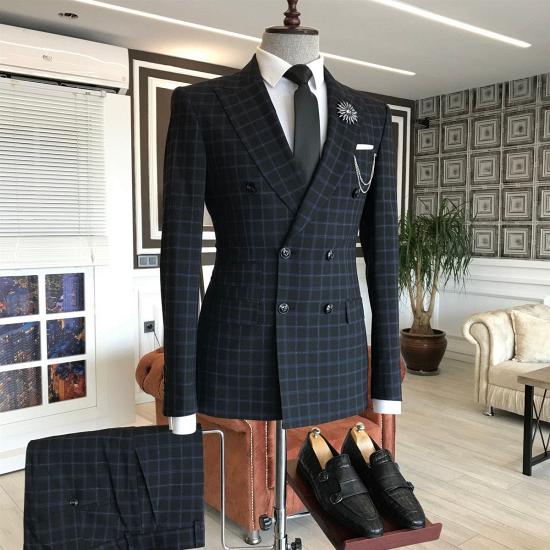 Dimitris Chic Black Plaid Peaked Lapel Double Breasted Bespoke Business Men Suits_2