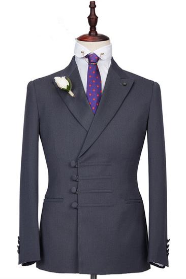 Elegant Shape Dark Gray Slim Fit Peaked Lapel Buckle Men Formal Suits_1
