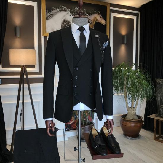 Pericles Newest All Black 3-Pieces Peaked Lapel Men's Business Suits_2