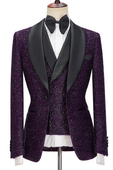 Fashionable Bespoke Dark Purple Sparkle Shawl Lapel 3-Pieces Men Suits | Happnessmall_1