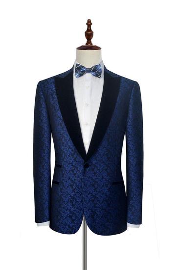 Happnessmall Blue Floral Patter  Black Velvet Peak Collar Suits for Wedding and Prom_3