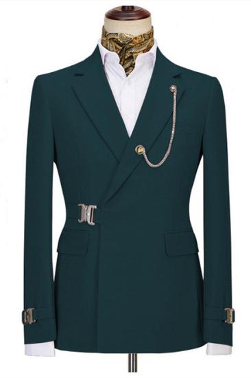 Popular Dark Green Two Pieces Notched Lapel Business Men Suits with Buckle