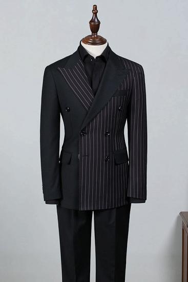Classical Formal Black Striped Peaked Lapel Double Breasted Bespoke Business Suit