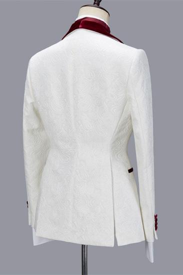 Prokopiou White Chic Jacquard Three Pieces Wedding Suit With Red Velvet Lapel_2
