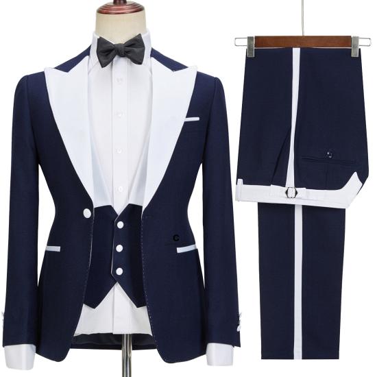 Stylish Navy Blue Slim Fit Peaked Lapel  Three Pieces Men suits | Happnessmall_2