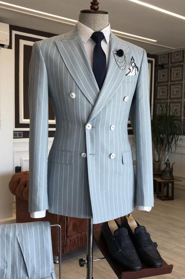 Kyra Popular Blue Striped Peaked Lapel Double Breasted Men Suits For Business