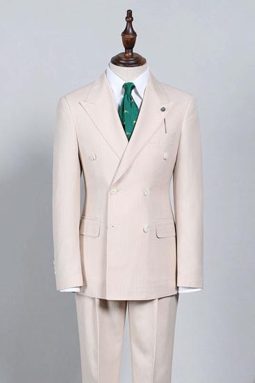 Fjorgrune Stylish Light Khaki Striped Double Breasted Bespoke Suit