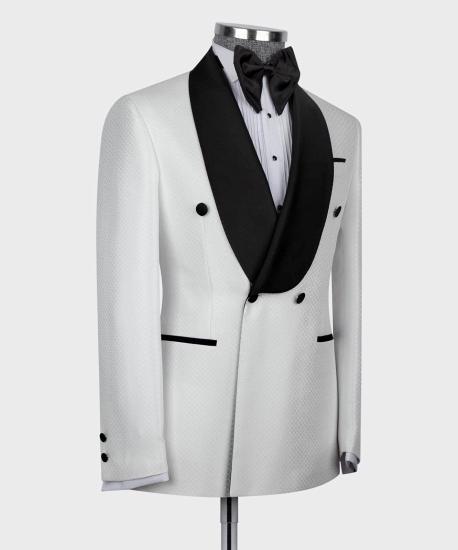 Fashionable white two-piece double breasted wedding dress with black shawl lapel_2