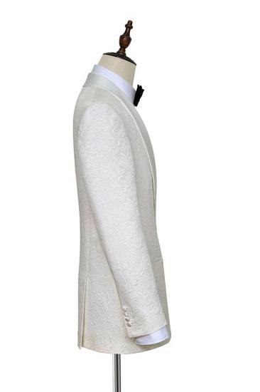 Xander Trendy Jacquard White Tuxedos for Wedding | Silk Shawl Lapel One Button Wedding Suit for Men_4