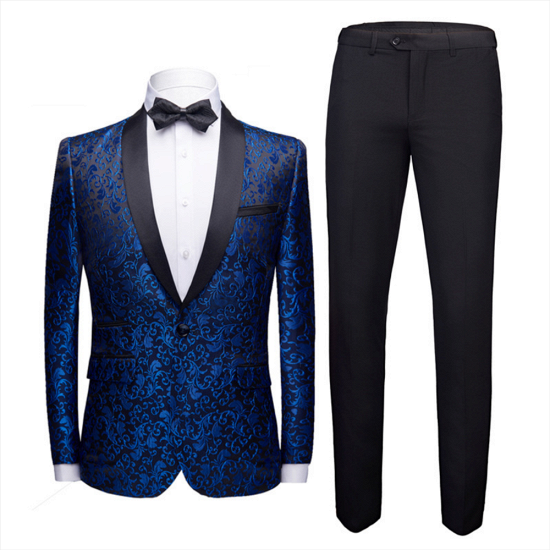Royal Blue Jacquard Prom Suits & Black Satin Shawl Lapel  Wedding Tuxedos_2