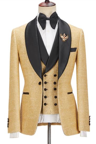 Fashionable Sparkly Golden Shawl Lapel  Three Pieces Men Suits For Wedding | Happnessmall_1