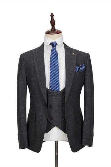 Fashion Dark Gray Plaid Peak Lapel 3 Piece Men's Suit with Double Breasted Waistcoat