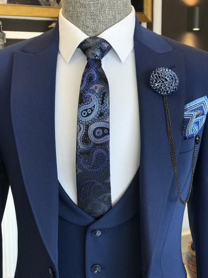 Fashion Formal Dark Blue Three Pieces Peaked Lapel Business Men Suits_2