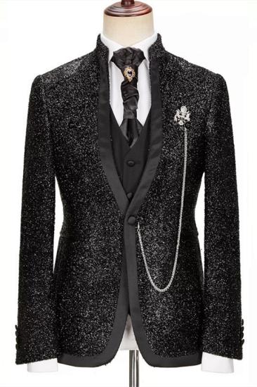 Fashionable black shiny stand up collar three piece men's suits_1