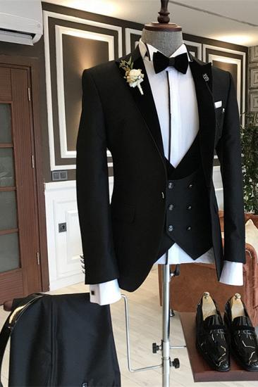 Ethan Stylish Black Slim Fit Peaked Lapel Three-Pieces Men Suits_1