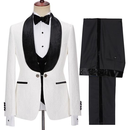 Evelyn New Fashion White Jacquard Three Pieces Wedding Men Suits with Velvet Lapel_3