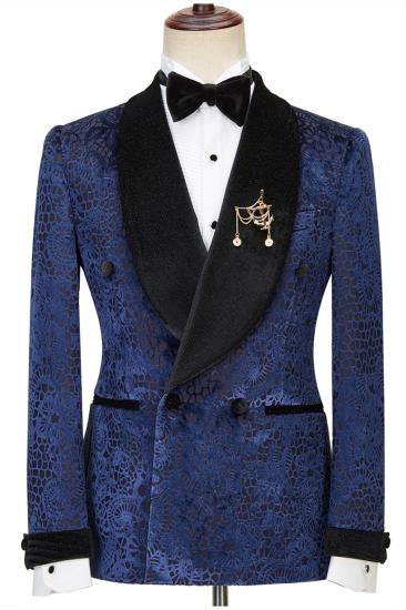 Modern Dark Navy Jacquard Double Breasted Sparkle Shawl Lapel  Men Suits For Wedding