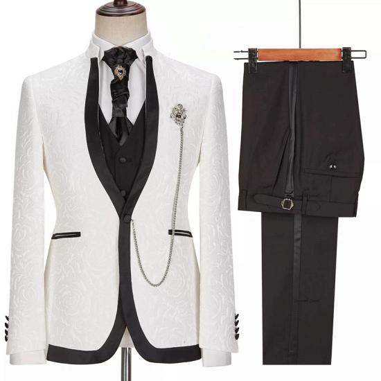 White One Button Three Pieces Slim Fit Jacquard Wedding Suits | Happnessmall_2