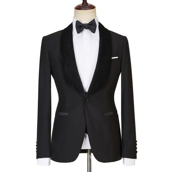 Modern  Black  Shawl Lapel Sparkle Three Pieces Men Wedding Suits | Happnessmall_5