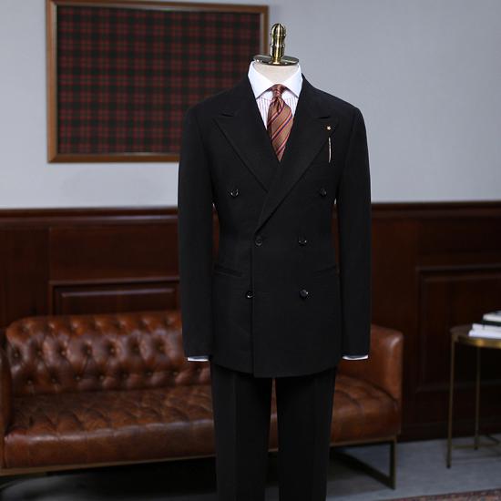 Simone Traditional All Black Peaked Lapel Double Breasted Custom Business Suit_2